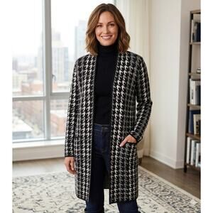 FORTUNE + IVY Women's Long Cardigan Sweater Small Black White Houndstooth NWOT